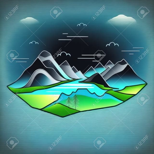 Lago azul con montañas al fondo en estilo lineal. Escena de la naturaleza abstracta. Concepto de viaje. Vector.