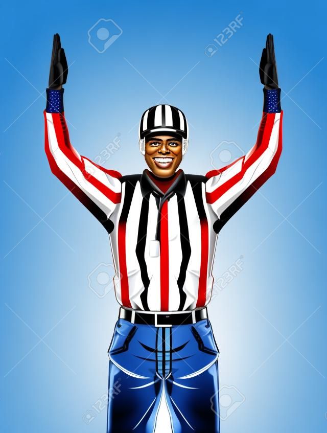 American football referee with both hands up as a touchdown on isolated