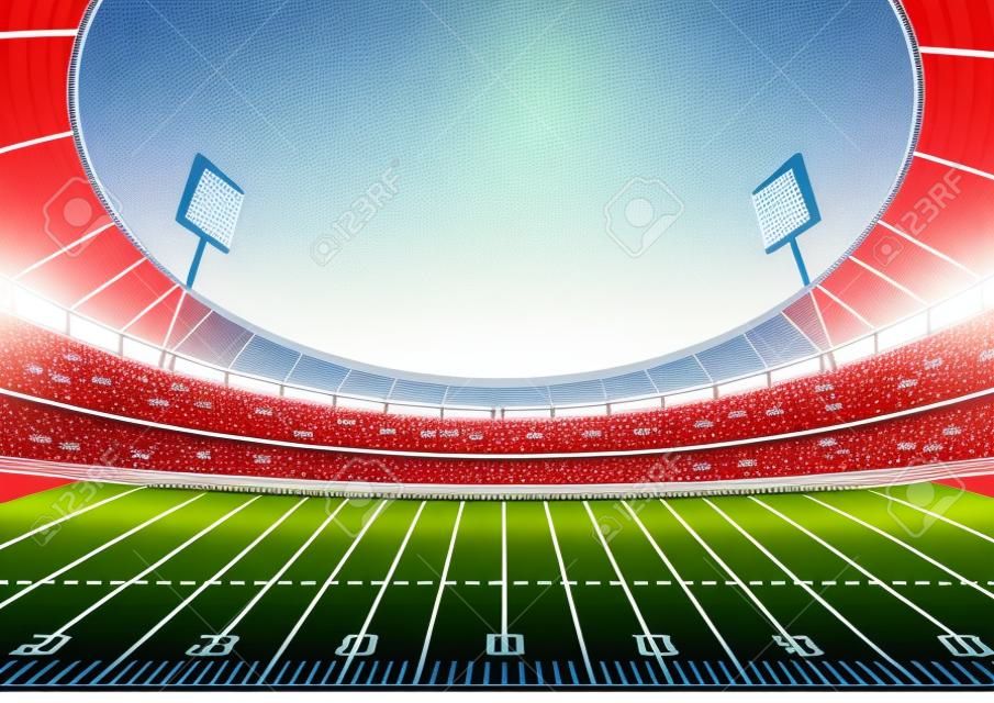 Amerykańskie pole piłki nożnej z jasnym stadionem. ilustracji wektorowych.