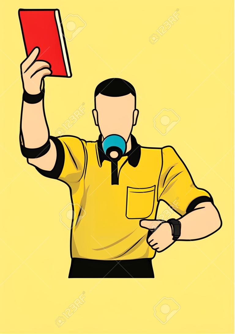 Voetbal scheidsrechter toont rode kaart. scheidsrechter op voetbalwedstrijd tonen fout. vector illustratie met sport karakter.