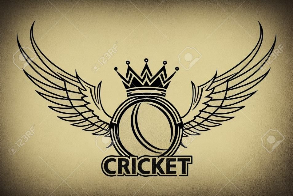 타이포그래피 기호, 공, 날개, 흰색 배경에 격리된 왕관이 있는 크리켓 스포츠 로고의 벡터 그림.