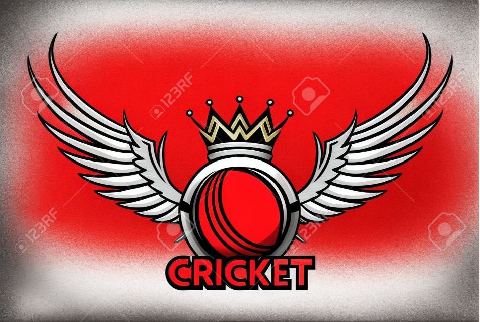 Vektorillustration des Cricket-Sportlogos mit Typografiezeichen, Ball, Flügeln, Krone lokalisiert auf weißem Hintergrund.