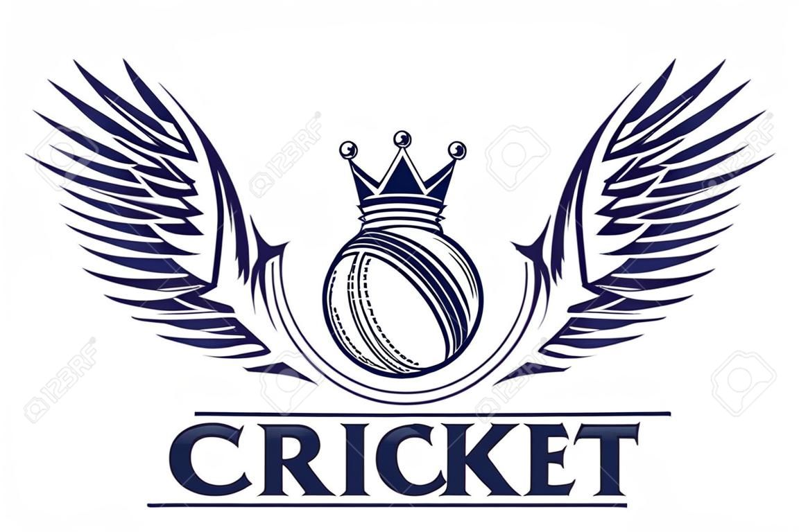 타이포그래피 기호, 공, 날개, 흰색 배경에 격리된 왕관이 있는 크리켓 스포츠 로고의 벡터 그림.