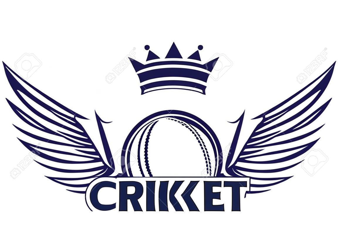 Ilustracja wektorowa logo sportu krykieta ze znakiem typografii, piłka, skrzydła, korona na białym tle.