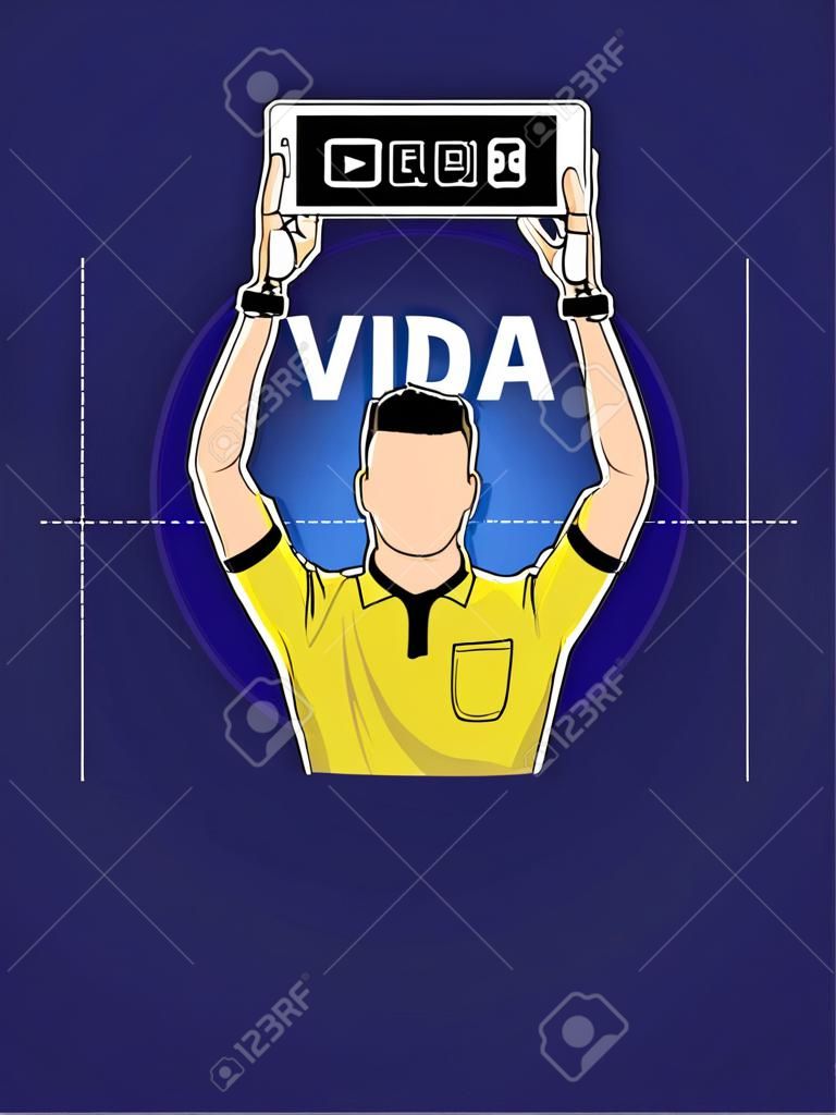 Football referee shows video assistant referees action on blue background. Vector illustration