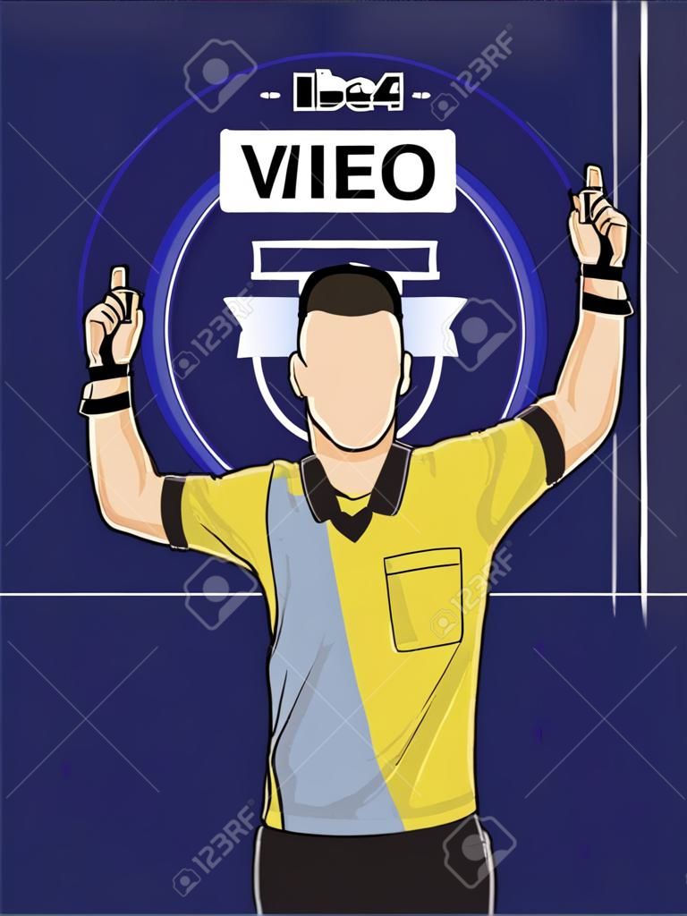 Football referee shows video assistant referees action on blue background. Vector illustration