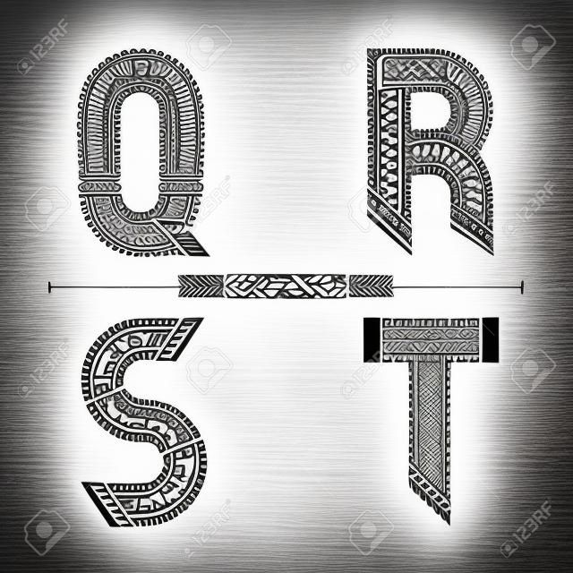 Vector graphic alphabet in a set Q,R,S,T with Polynesian Tattoo ethnic tribal font style