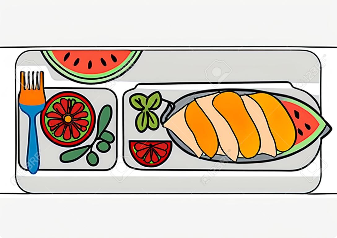 Déjeuner scolaire avec sandwich au jambon de baguette fraîche, salade de légumes, tranche de pastèque et bouteille de jus d'orange. Style de ligne. Illustration vectorielle.