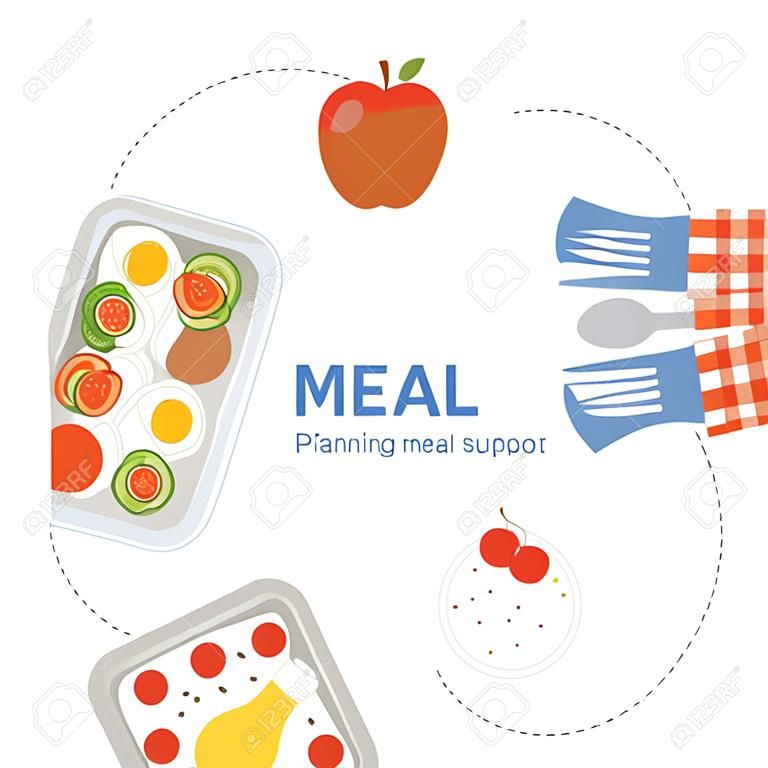 Packaging of meals in advance to support a healthy lifestyle. Meal planning menu for the day. The food in the containers. Flat design.
