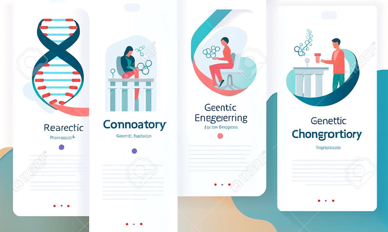 DNA research and genetic engineering. On boarding screens template for mobile applications and websites. Flat vector illustration.