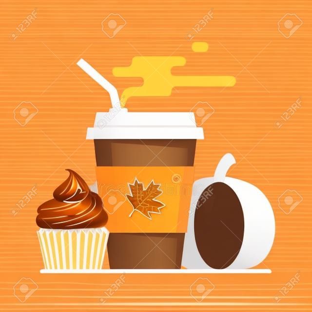 Stagione del latte speziato di zucca. Tazza da caffè in carta con vapore e cupcake all'arancia. Illustrazione vettoriale piatta.