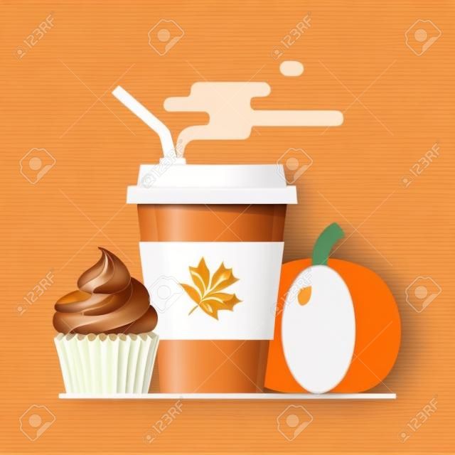 Pumpkin spice latte season. Coffee paper cup with steam and orange cupcake. Flat vector illustration.