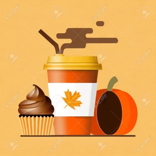 Pumpkin tempero latte temporada. Copo de papel de café com cupcake de vapor e laranja. Ilustração vetorial plana.