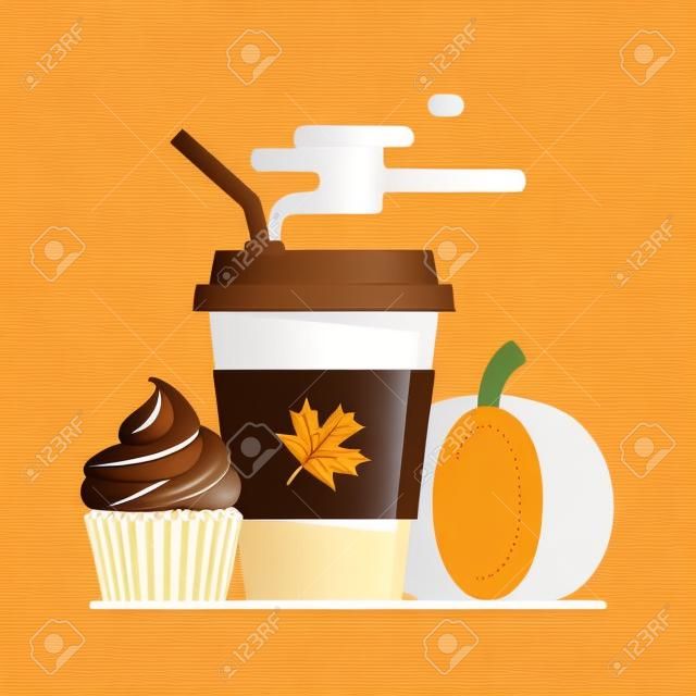 Pumpkin spice latte season. Coffee paper cup with steam and orange cupcake. Flat vector illustration.
