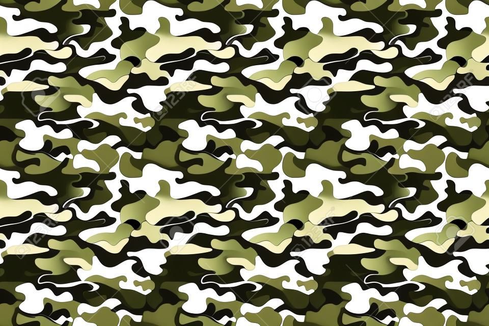 Camouflage seamless pattern background. Horizontal seamless banner. Classic clothing style masking camo repeat print. Green brown black olive colors forest texture. Design element. Vector