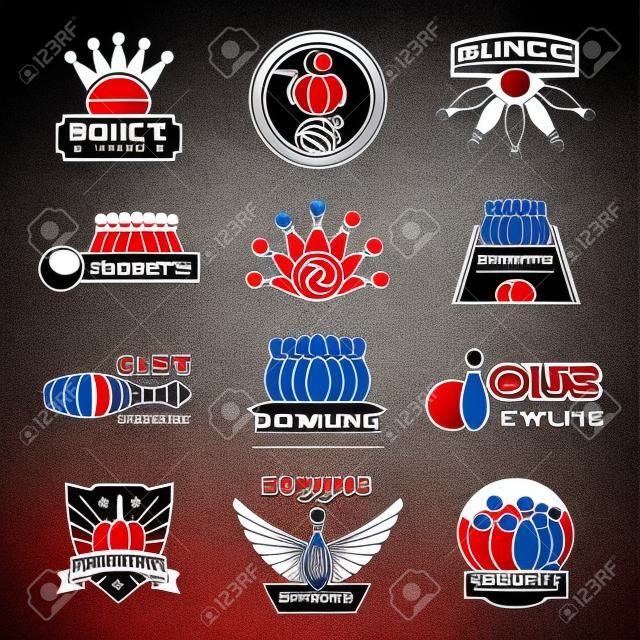 Vector set of bowling logos, bowling logo emblems and bowling logo design elements. Bowling logo logotype templates and bowling logo badges. Bowling logo wings victory, bowling ball sport item.