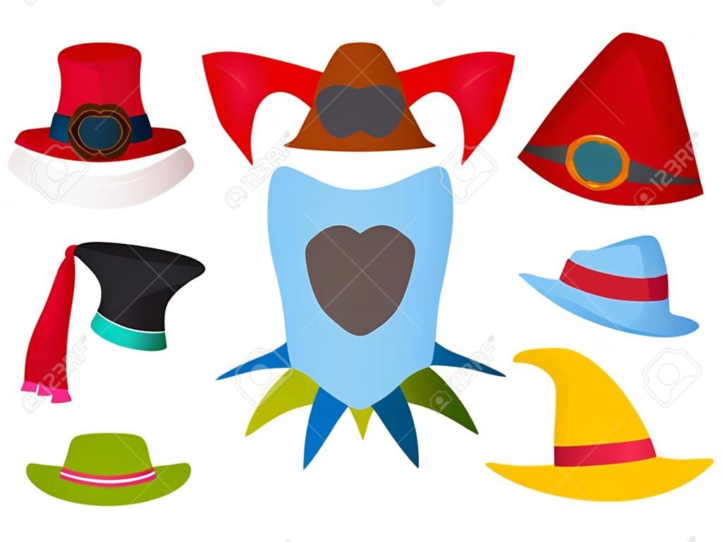 Hats different funny caps for party holidays and masquerade traditional headwear cartoon clothes accessory vector illustration.