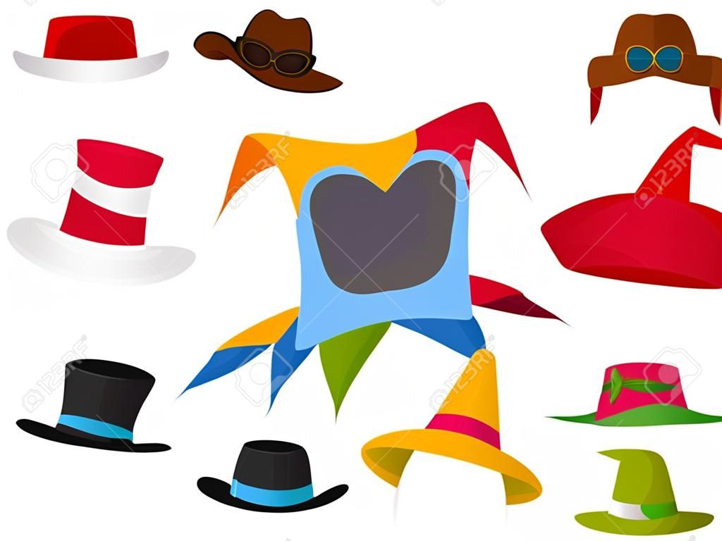 Hats different funny caps for party holidays and masquerade traditional headwear cartoon clothes accessory vector illustration.