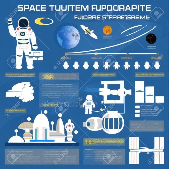 Ilustración de vector de viajes de turismo futuro espacio infografía con astronauta y nave espacial.