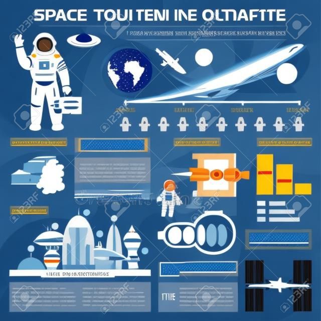 Ilustración de vector de viajes de turismo futuro espacio infografía con astronauta y nave espacial.