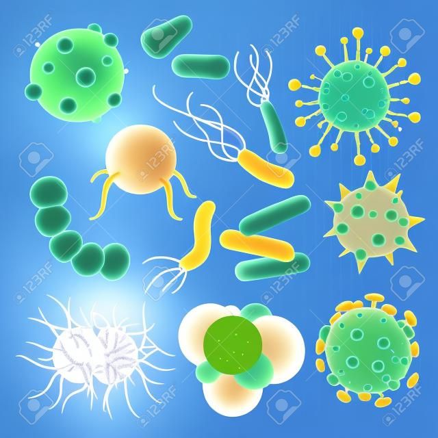 Virus virale infezione batterica illustrazione simile a virus illustrazione virulenta set di microbi o batteri di microbiologia organismi isolato su sfondo trasparente.