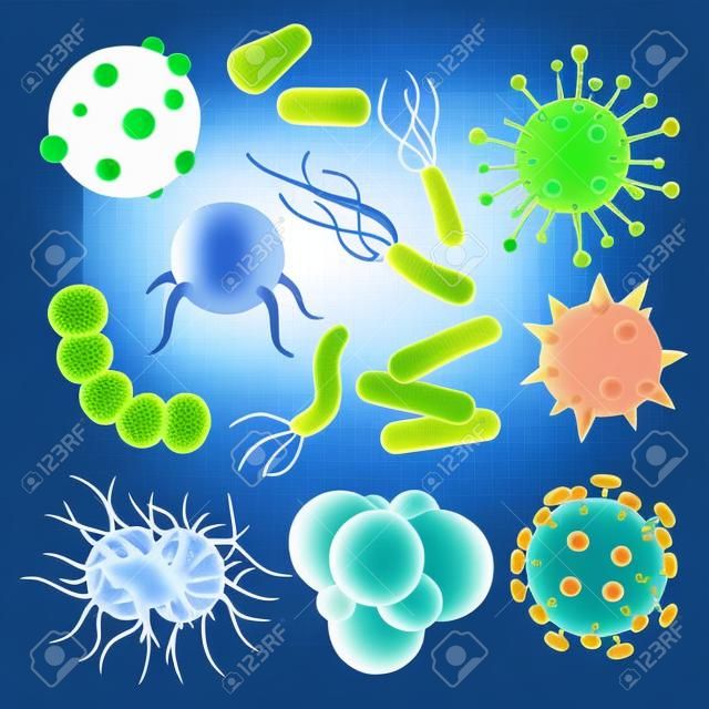바이러스 벡터 박테리아 감염 바이러스 같은 질병 그림 미생물 유기체 미생물 또는 투명 한 배경에 고립 된 박테리아의 악의적 인 집합입니다.
