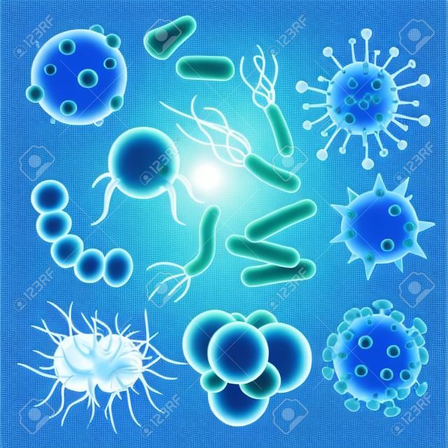 Virus vecteur infection bactérienne illustration de type maladie virale ensemble virulent d'organismes de microbiologie microbe ou bactéries isolés sur fond transparent.