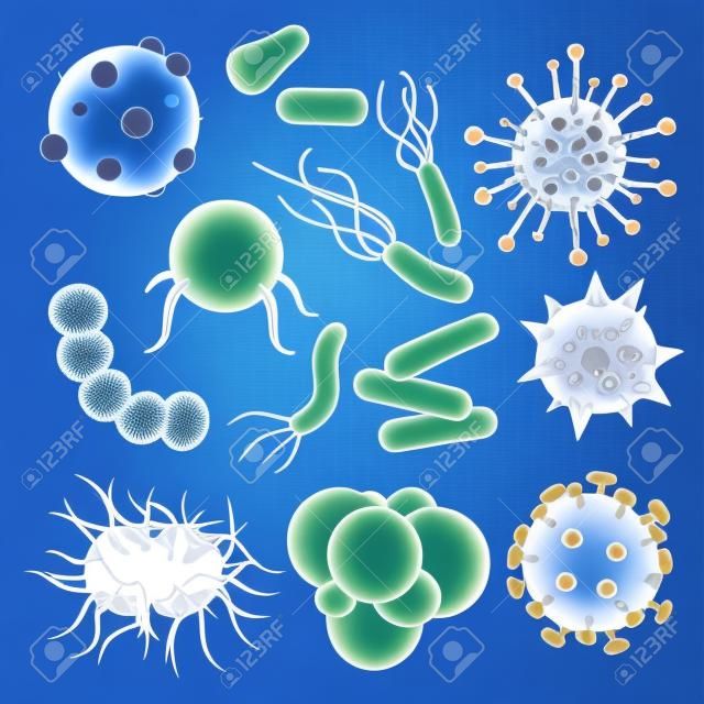 Wirus wektor zakażenia bakteryjnego choroba wirusopodobna ilustracja zjadliwy zestaw mikroorganizmów mikroorganizmów lub bakterii na przezroczystym tle.