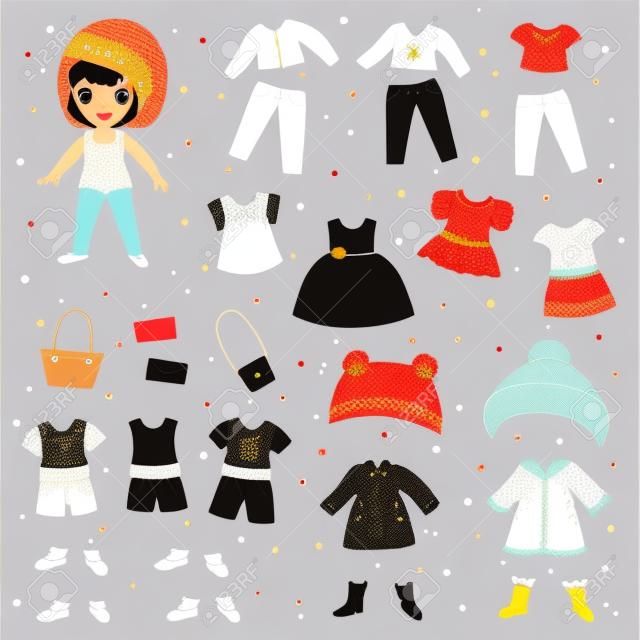 Paper doll vector dress up or clothing beautiful girl with fashion pants dresses or shoes illustration girlie set of female clothes for cutting hat or coat isolated on white background