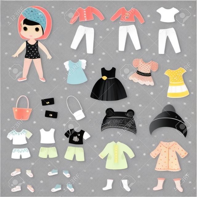 Paper doll vector dress up or clothing beautiful girl with fashion pants dresses or shoes illustration girlie set of female clothes for cutting hat or coat isolated on white background