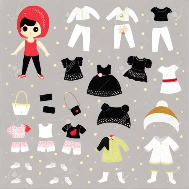 Papierowa lalka wektor ubieranki lub ubranie piękna dziewczyna z modnymi spodniami sukienki lub buty ilustracja dziewczęcy zestaw kobiecych ubrań do cięcia kapelusza lub płaszcza na białym tle