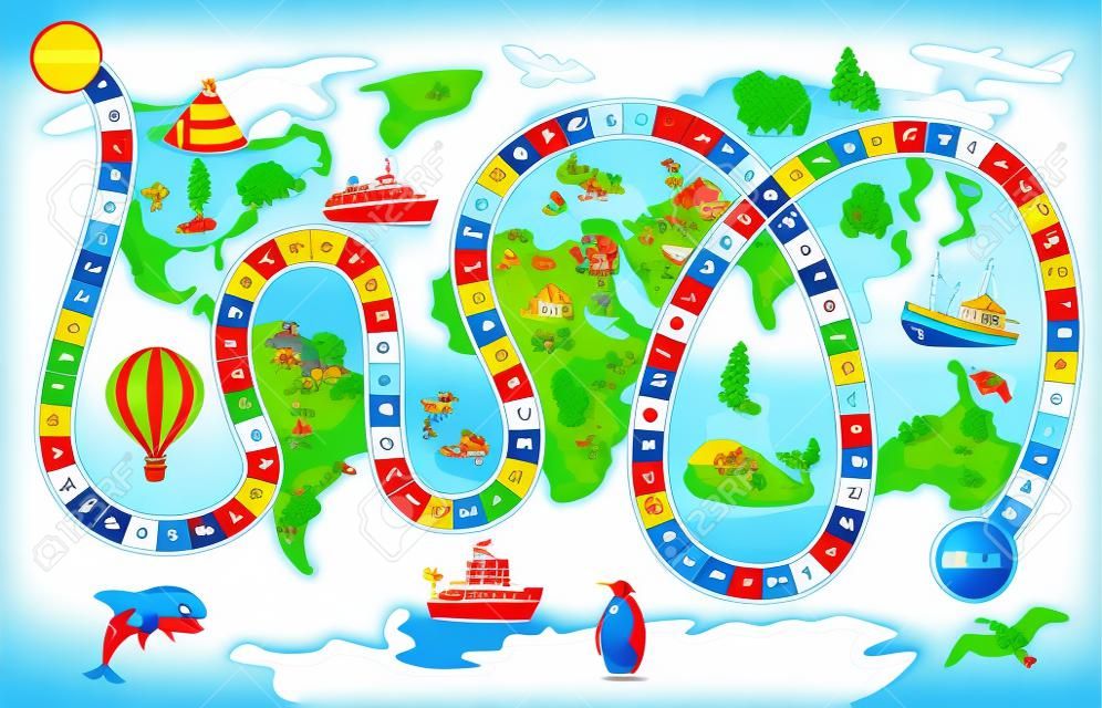 Jeu de société vector cartoon kids boardgame sur fond de carte du monde avec chemin de jeu ou chemin commençant dans l'océan et se terminant sur le continent sur l'illustration des enfants.