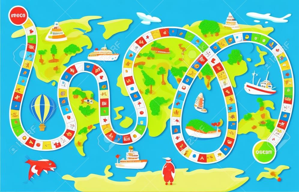 Jogo de tabuleiro vector cartoon crianças boardgame no mapa do mundo de fundo com o caminho de jogo ou caminho começando no oceano e terminando no continente na ilustração das crianças.