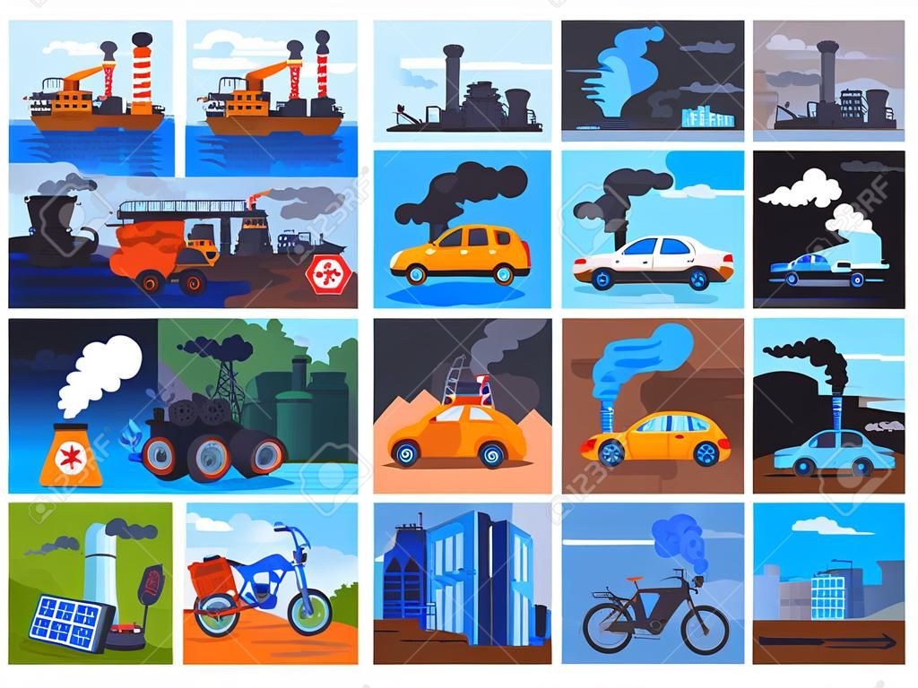 Pollution environment vector polluted air smog or toxic smoke of industrial city illustration cityscape set of environmental damage of factory and transportation exhaust or pollutant garbage.