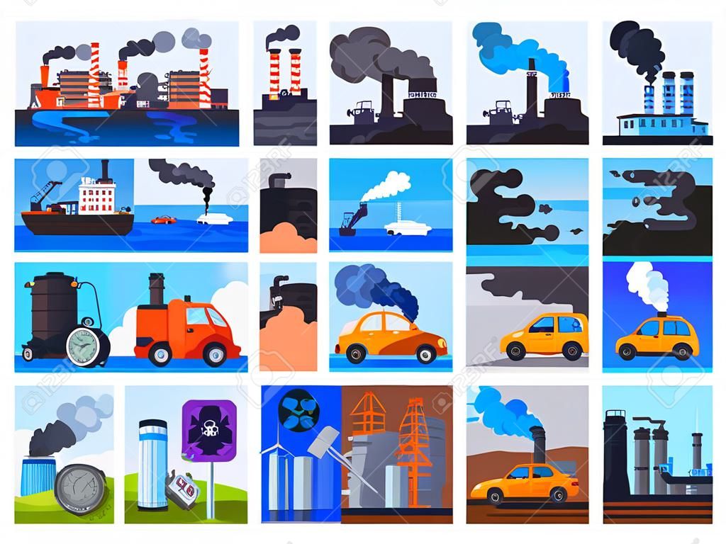 Pollution environment vector polluted air smog or toxic smoke of industrial city illustration cityscape set of environmental damage of factory and transportation exhaust or pollutant garbage.