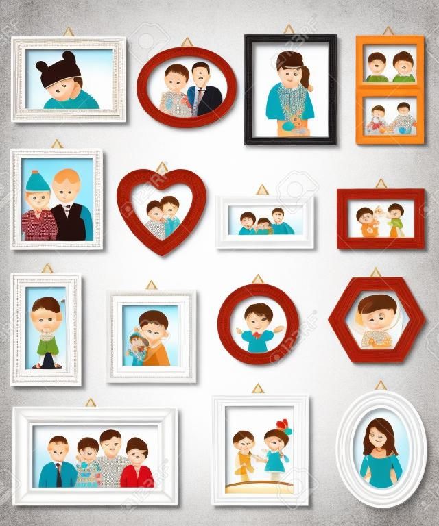 Cornice immagine vettoriale o foto di famiglia per la decorazione della parete insieme dell'illustrazione del bordo decorativo dell'annata per la fotografia o il ritratto con bambini e genitori isolati su priorità bassa.