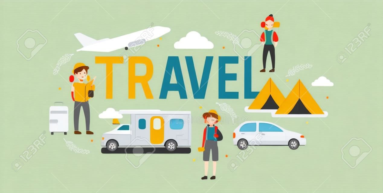Camping travel banner vector illustration. Vacation and tourism concept. Female, male travelers with map, rucksack, suitcase. Tent, vehicle such as car, plane, bus. Summer camp, hiking Outdoor activity