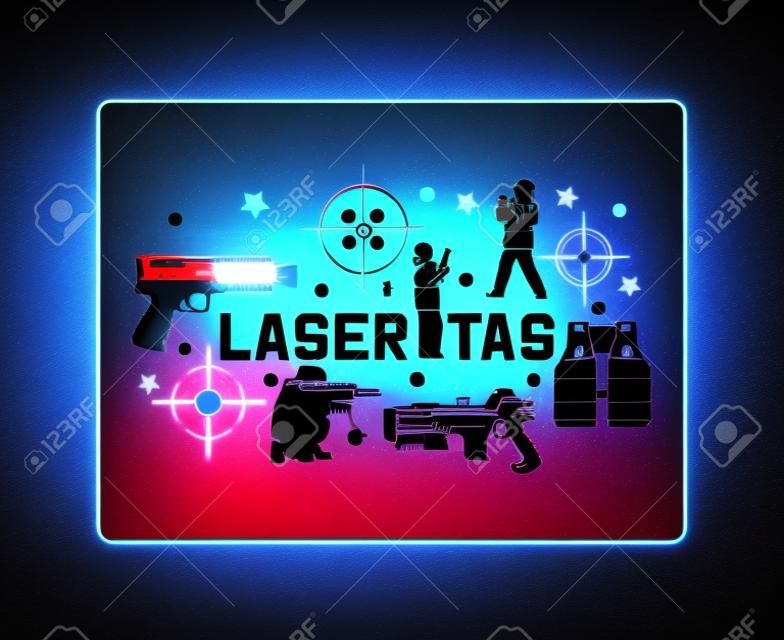 Laser tag game banner, poster vector illustration. Gun, optical sight, trigger, vest, attachment rail. Game weapons. Child pistols. Spending free time. Playing with ray guns.