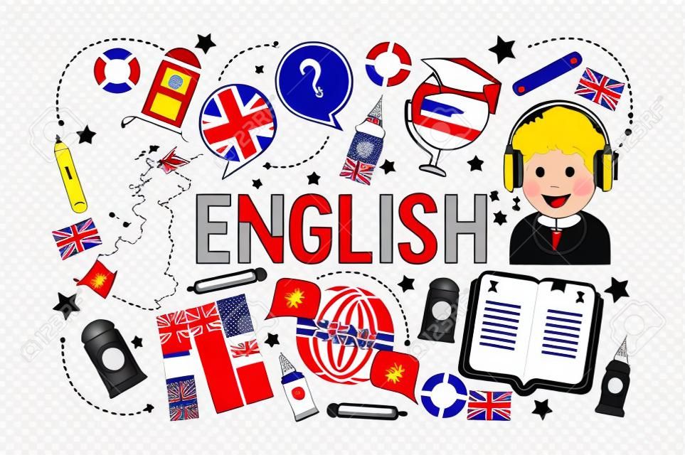イギリス英語学習クラスのベクターイラスト。●脆い旗のロゴ、イギリス、辞書、ビッグベン、イヤホンの女の子漫画のキャラクター、英語の交換プログラム。