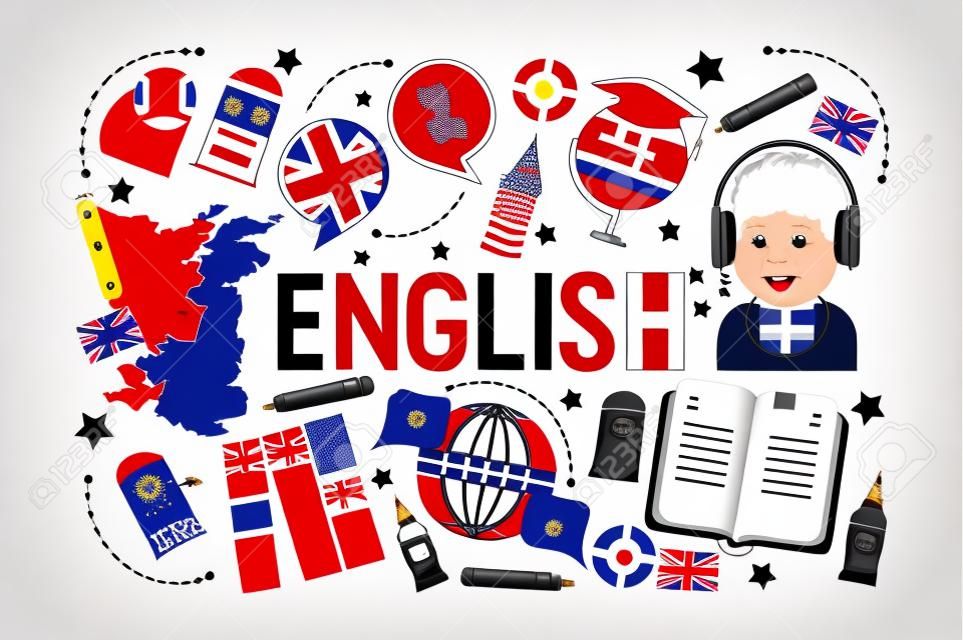 Ilustração vetorial de classe de aprendizado de inglês britânico. Logotipo da bandeira britânica, Inglaterra, dicionário, Big Ben, personagem de desenho animado de meninas em fones de ouvido, programa de intercâmbio de idioma inglês.