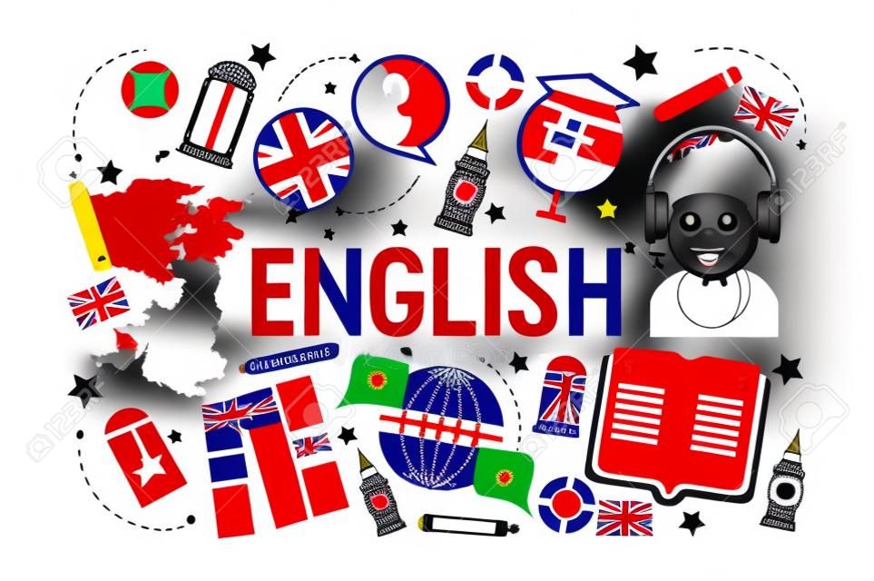 Illustrazione di vettore della classe di apprendimento della lingua inglese britannica. Logo della bandiera britannica, Inghilterra, dizionario, Big Ben, personaggio dei cartoni animati delle ragazze in auricolari, programma di scambio di lingua inglese.