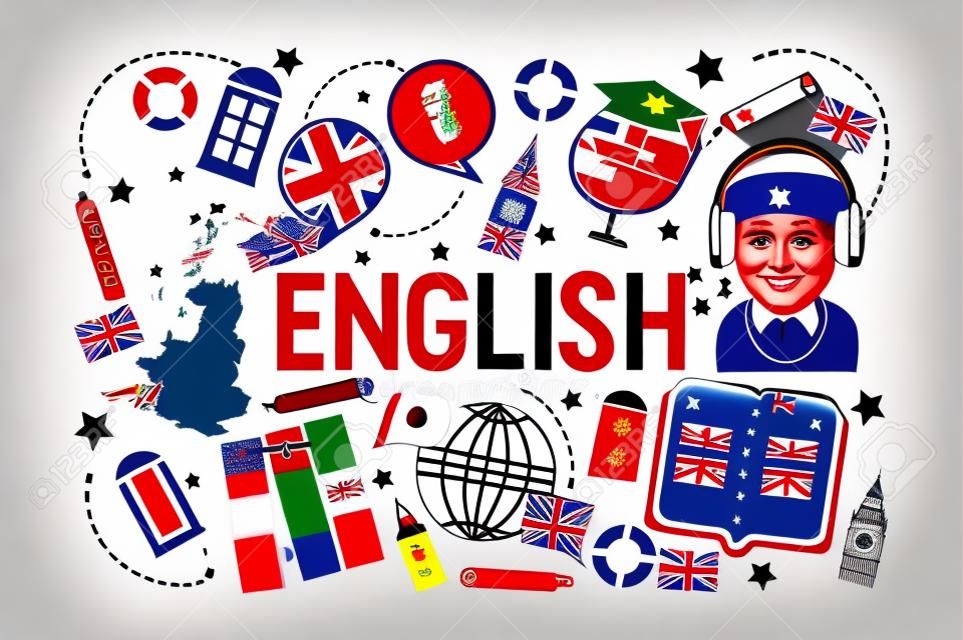 Ilustración de vector de clase de aprendizaje de idioma inglés británico. Logotipo de la bandera británica, Inglaterra, diccionario, Big Ben, personaje de dibujos animados de niñas en auriculares, programa de intercambio de idioma inglés.