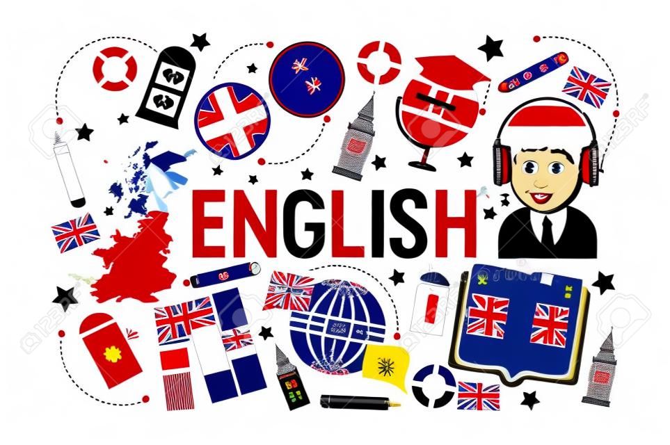Britische englische Sprachlernklasse-Vektorillustration. Britisches Flaggenlogo, England, Wörterbuch, Big Ben, Mädchen-Cartoon-Figur in Kopfhörern, englisches Sprachaustauschprogramm.