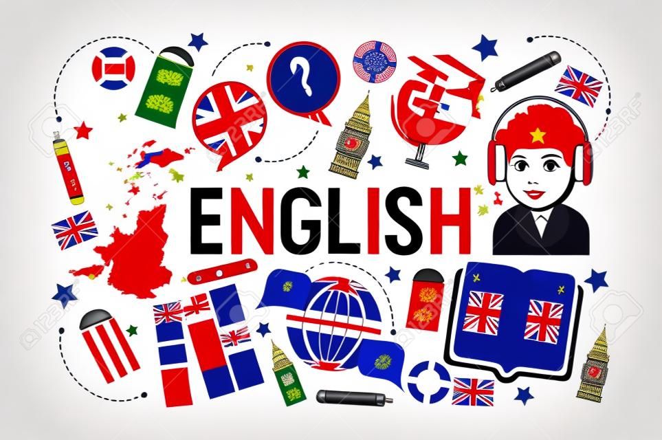 Ilustracja wektorowa klasy nauki języka angielskiego brytyjskiego. Logo flagi brytyjskiej, Anglia, słownik, Big Ben, postać z kreskówki dziewczyny w słuchawkach, program wymiany języka angielskiego.