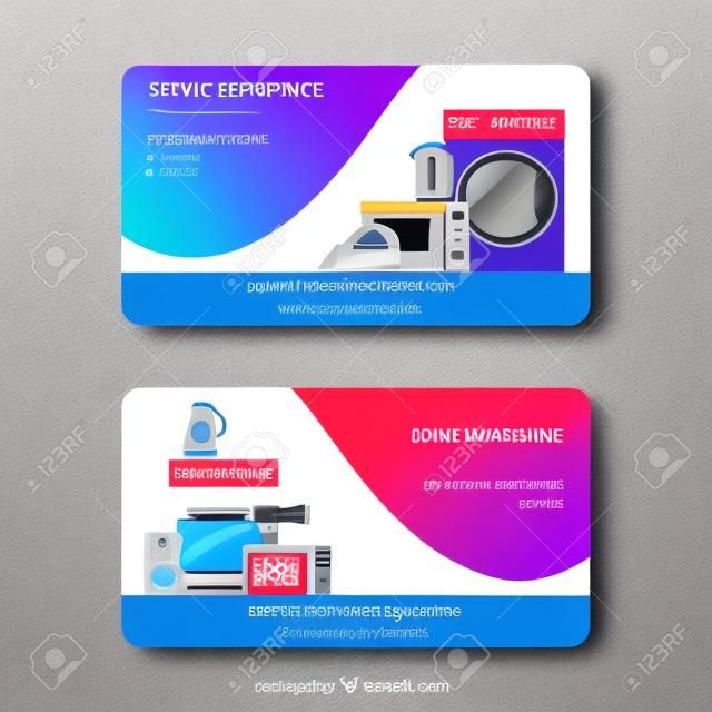 Service repairment vector visiting card. Repair of electric household appliances. Washing machine, stove, iron, kettle repairing services concept. Business card template.
