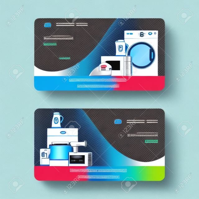 Service repairment vector visiting card. Repair of electric household appliances. Washing machine, stove, iron, kettle repairing services concept. Business card template.