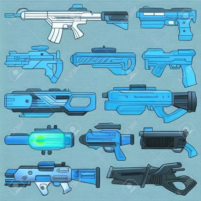 Arma vector spacegun blaster laser gun com arma futurista e raygun de alienígenas no espaço ilustração conjunto de pistolas de criança isoladas no fundo branco