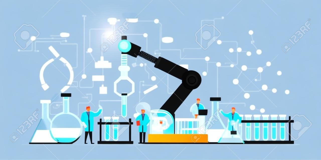 Laboratoire innovant de minuscules scientifiques mènent des recherches, découverte médicale pour l'analyse chimique des soins de santé dans une fiole avec l'aide de robots, illustration vectorielle. Innovation scientifique, laboratoire innovant.