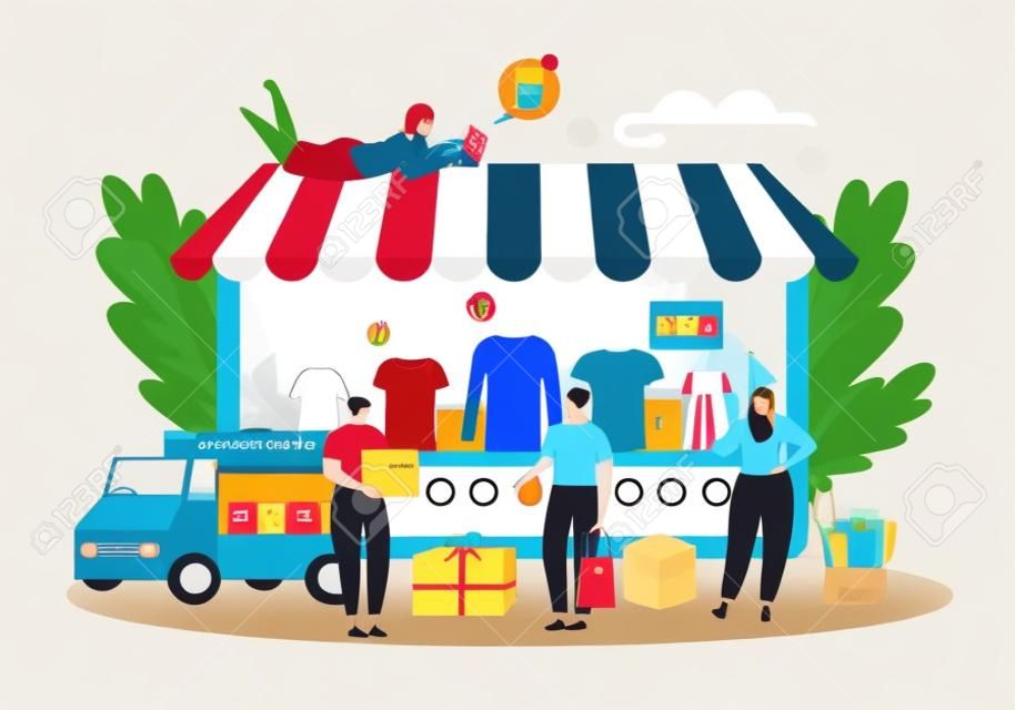Online shop, clothes internet store and fast delivery concept, people customers shoppers vector illustration. Online shop technology in internet. Shopping e-commerce technology, marketing.