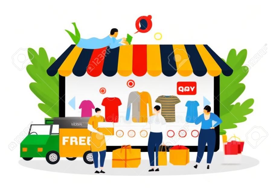 Online shop, clothes internet store and fast delivery concept, people customers shoppers vector illustration. Online shop technology in internet. Shopping e-commerce technology, marketing.
